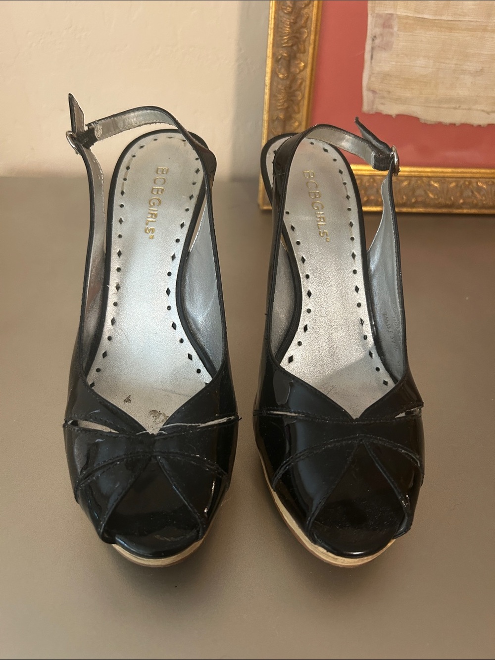 BCBGeneration Black Patent Slingback Peep-Toe Platforms